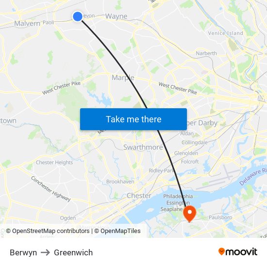 Berwyn to Greenwich map