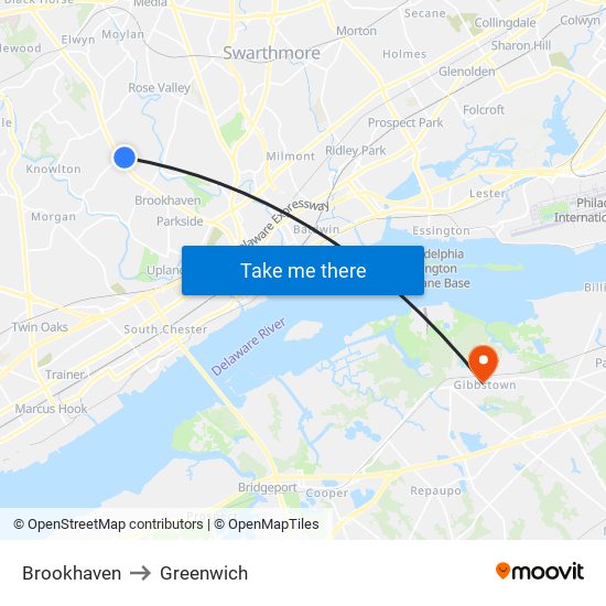 Brookhaven to Greenwich map