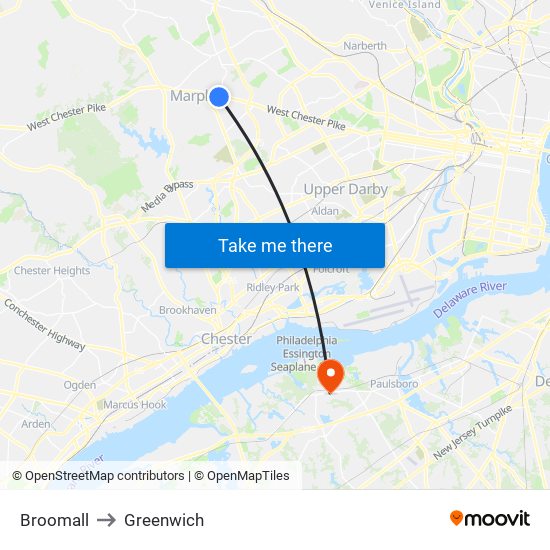 Broomall to Greenwich map