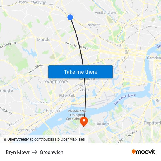 Bryn Mawr to Greenwich map