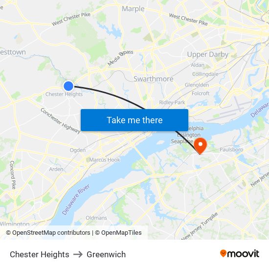 Chester Heights to Greenwich map