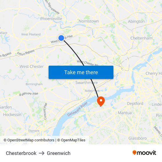 Chesterbrook to Greenwich map