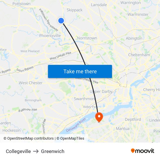 Collegeville to Greenwich map
