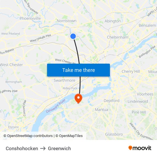 Conshohocken to Greenwich map