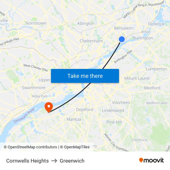 Cornwells Heights to Greenwich map