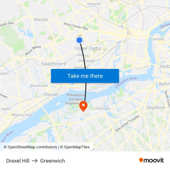 Drexel Hill to Greenwich map