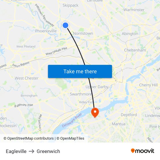 Eagleville to Greenwich map