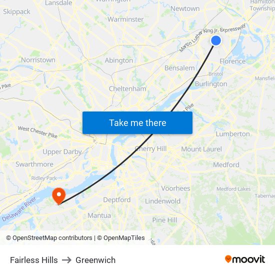 Fairless Hills to Greenwich map