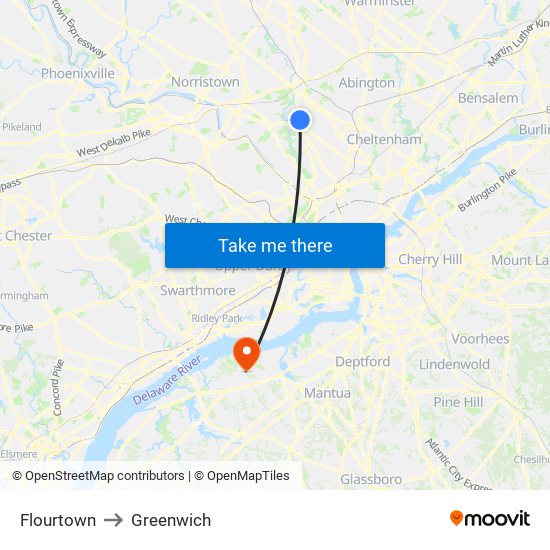 Flourtown to Greenwich map
