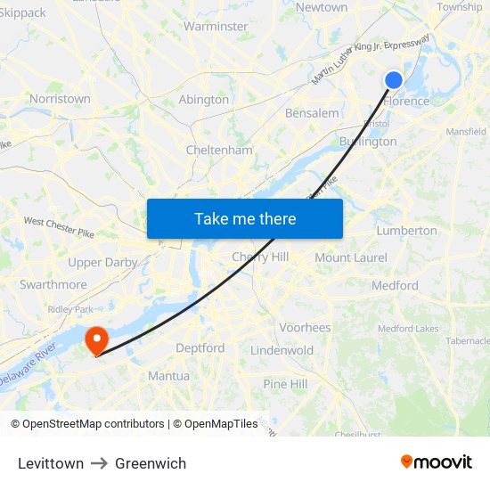 Levittown to Greenwich map