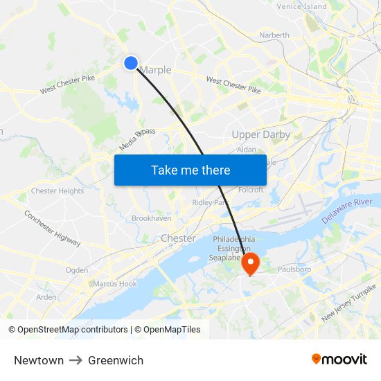 Newtown to Greenwich map