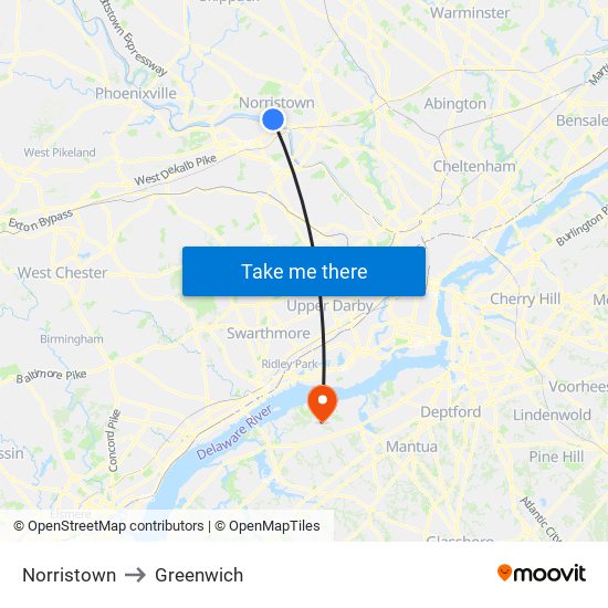 Norristown to Greenwich map