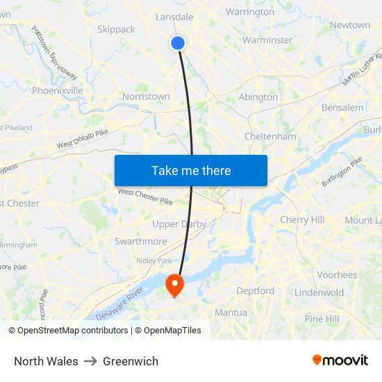 North Wales to Greenwich map