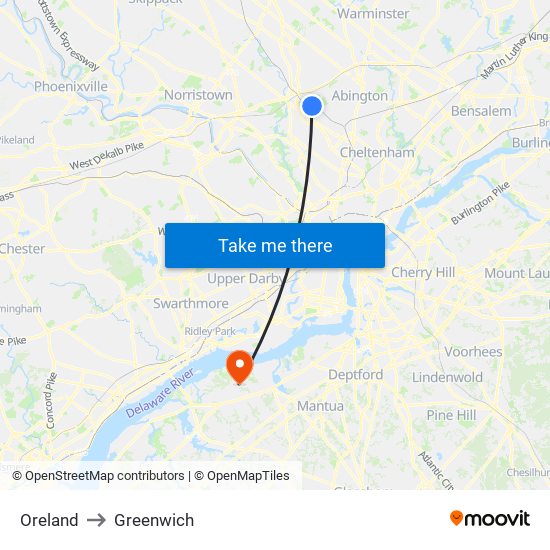 Oreland to Greenwich map