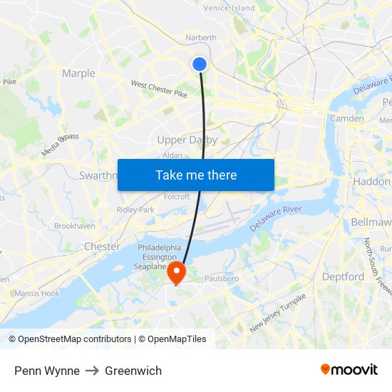 Penn Wynne to Greenwich map