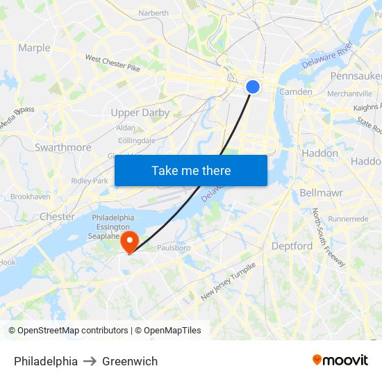 Philadelphia to Greenwich map