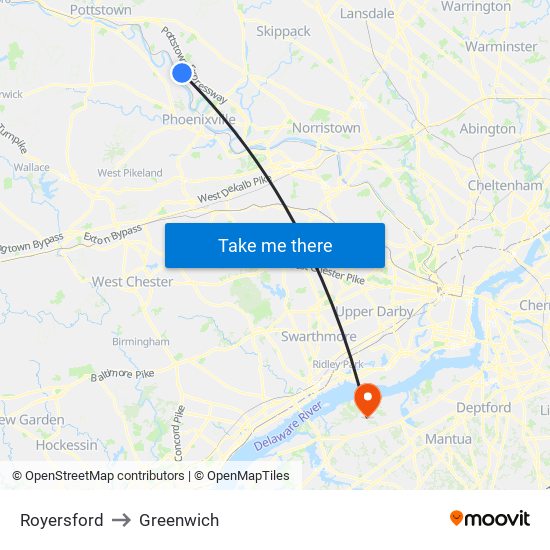 Royersford to Greenwich map