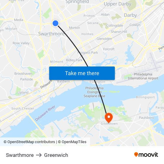 Swarthmore to Greenwich map