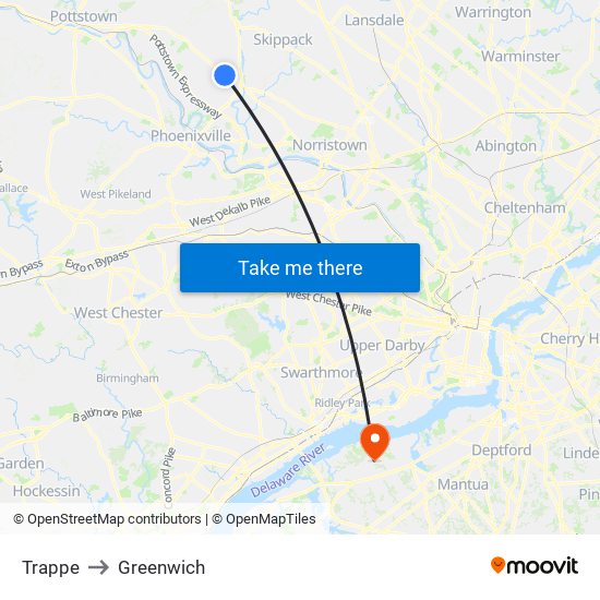 Trappe to Greenwich map