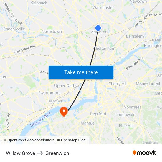Willow Grove to Greenwich map