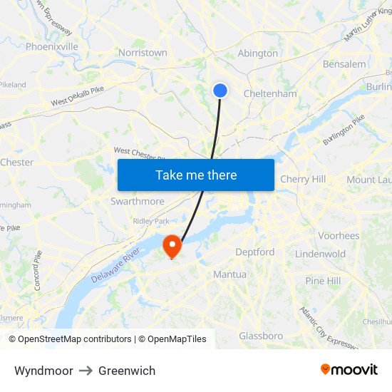 Wyndmoor to Greenwich map
