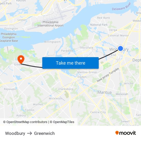 Woodbury to Greenwich map