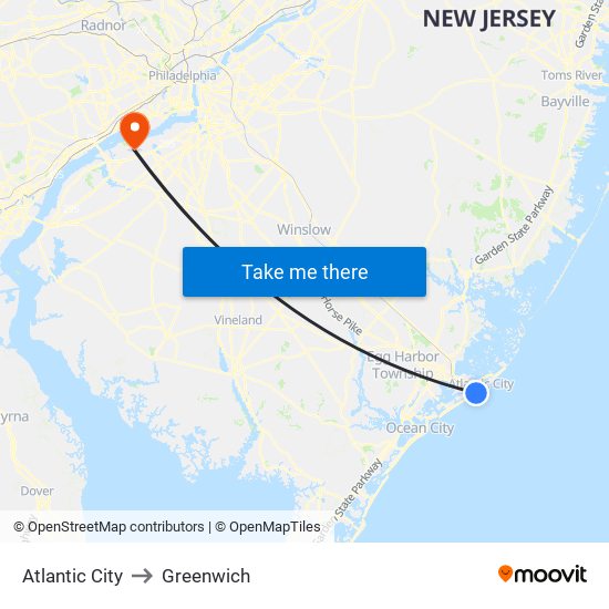 Atlantic City to Greenwich map