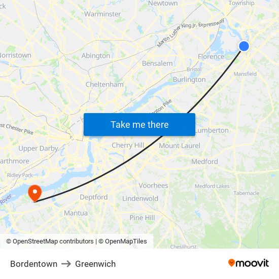 Bordentown to Greenwich map