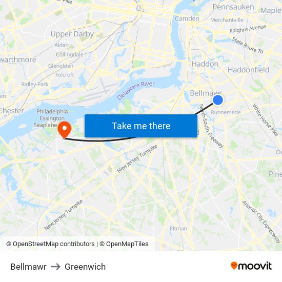 Bellmawr to Greenwich map