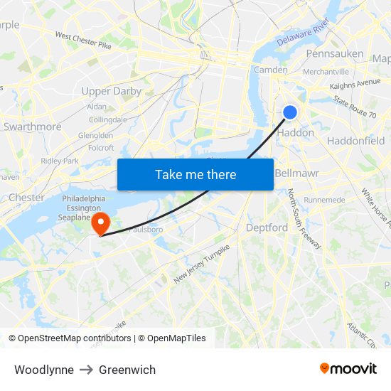 Woodlynne to Greenwich map