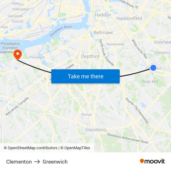 Clementon to Greenwich map