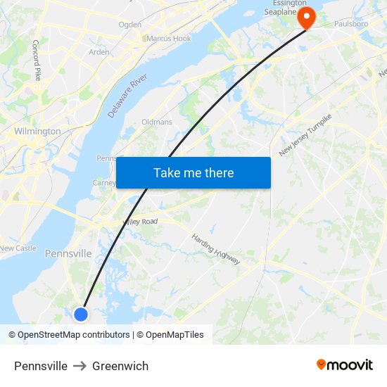 Pennsville to Greenwich map