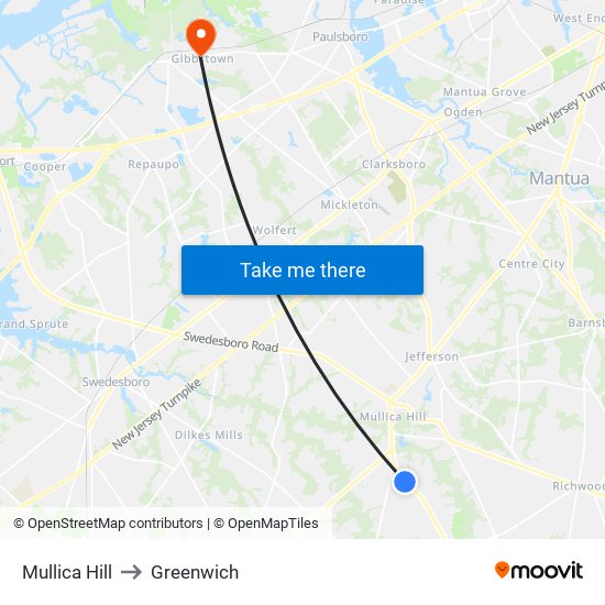 Mullica Hill to Greenwich map