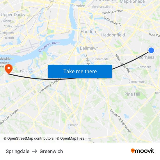 Springdale to Greenwich map