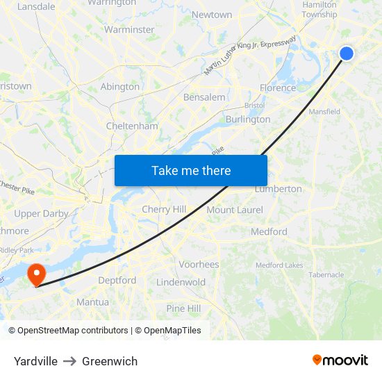 Yardville to Greenwich map