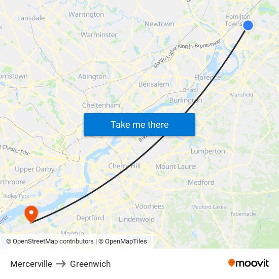 Mercerville to Greenwich map