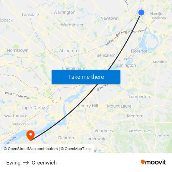 Ewing to Greenwich map