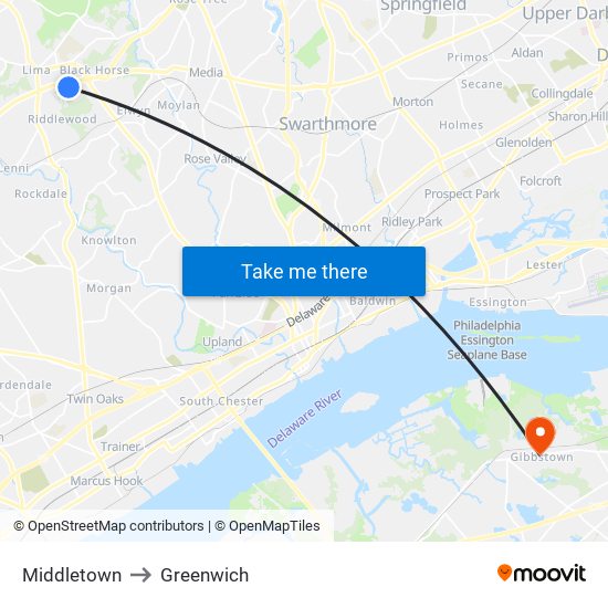 Middletown to Greenwich map