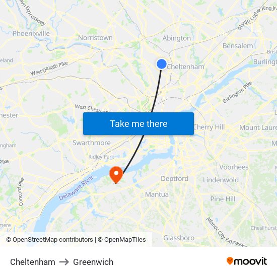 Cheltenham to Greenwich map