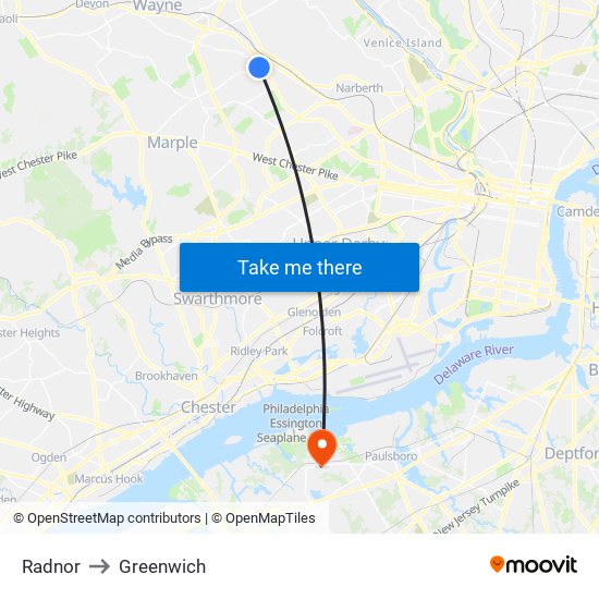 Radnor to Greenwich map