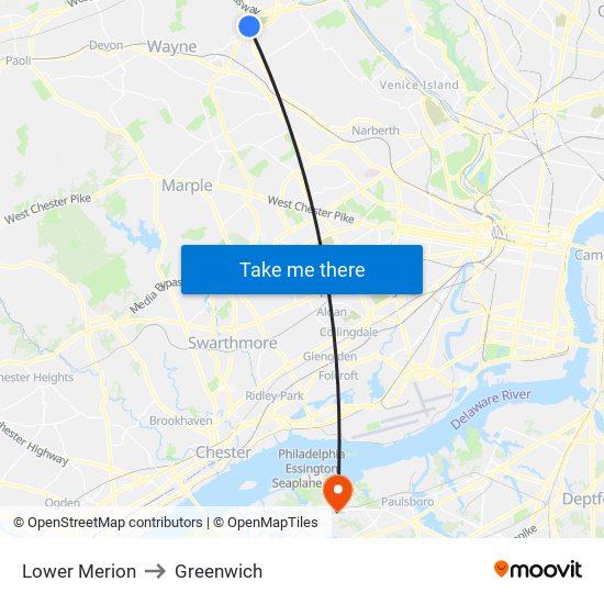 Lower Merion to Greenwich map