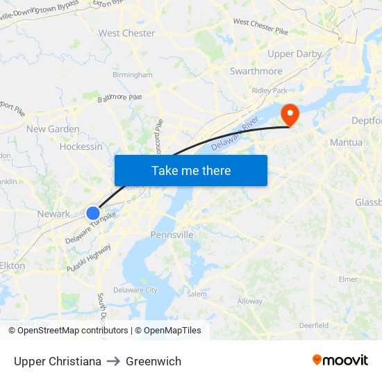 Upper Christiana to Greenwich map