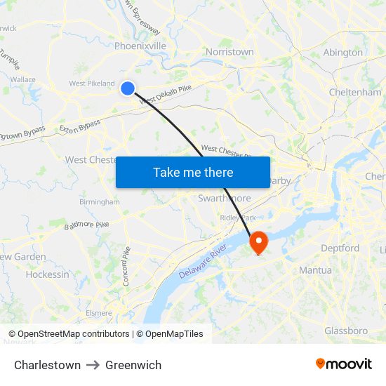 Charlestown to Greenwich map