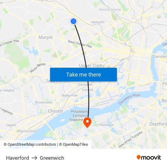 Haverford to Greenwich map