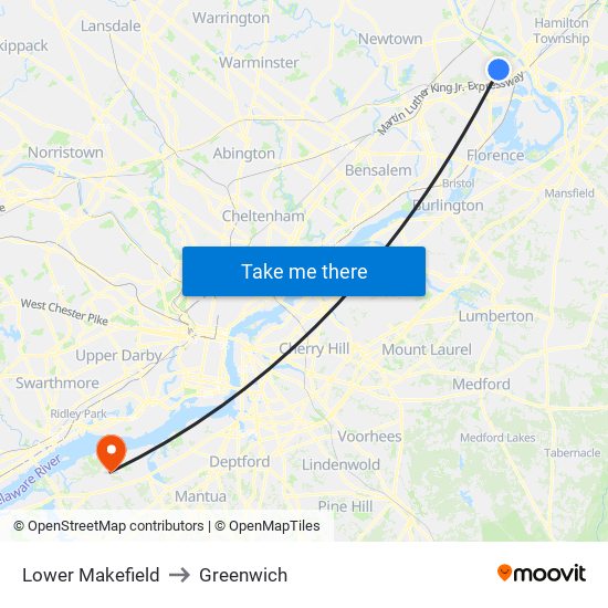 Lower Makefield to Greenwich map