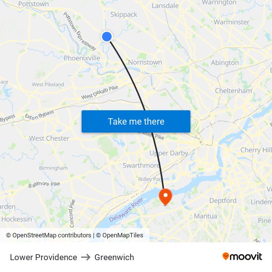 Lower Providence to Greenwich map