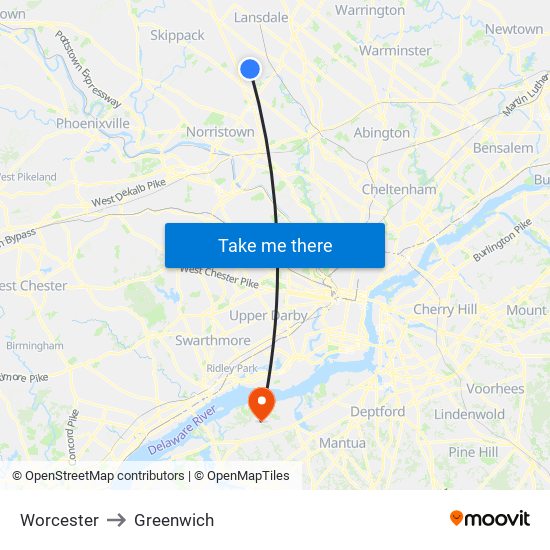 Worcester to Greenwich map