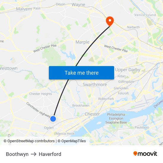 Boothwyn to Haverford map