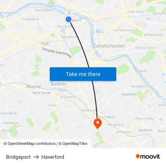 Bridgeport to Haverford map