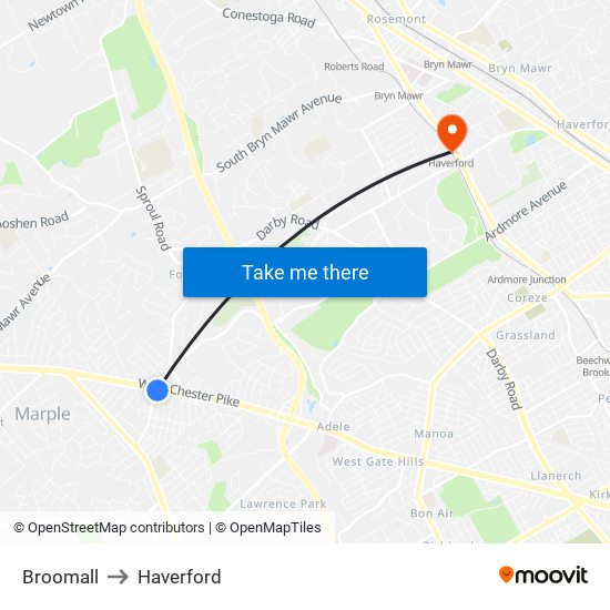 Broomall to Haverford map